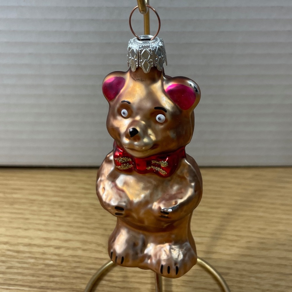 Vtg Inge Glas Christmas Ornament German Brown Bear Hand Blown Glass Hand Painted